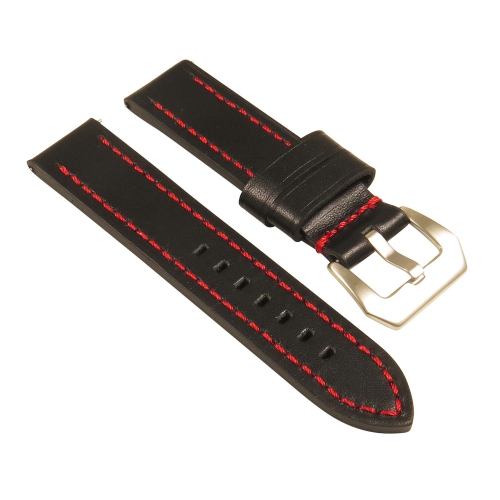 STRAPSCO  Heavy Duty Men's Leather Watch Band W/ Stitching - Quick Release Strap - 24MM Black & In Red