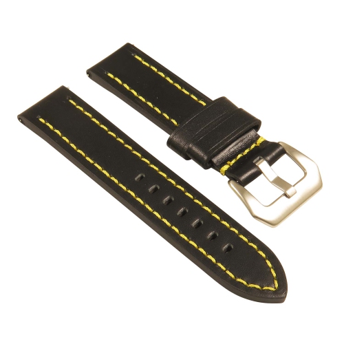 STRAPSCO  Heavy Duty Men's Leather Watch Band W/ Stitching - Quick Release Strap - 22MM Black & In Yellow