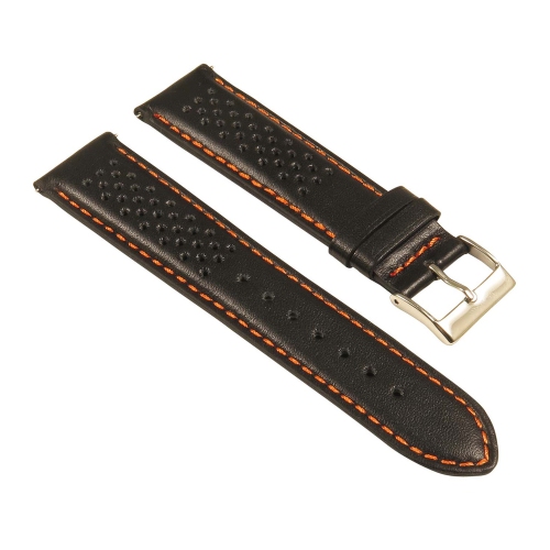 StrapsCo Perforated GT Rally Racing Leather Watch Band - Quick Release Strap - 22mm Black & Orange