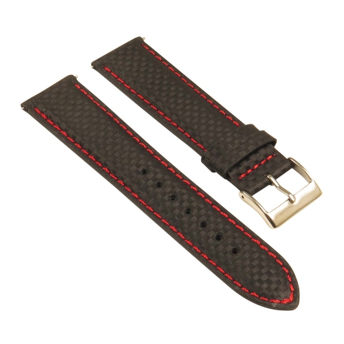 STRAPSCO  Men's Padded Carbon Fiber Leather Watch Band - Quick Release Strap - 24MM Black & In Red