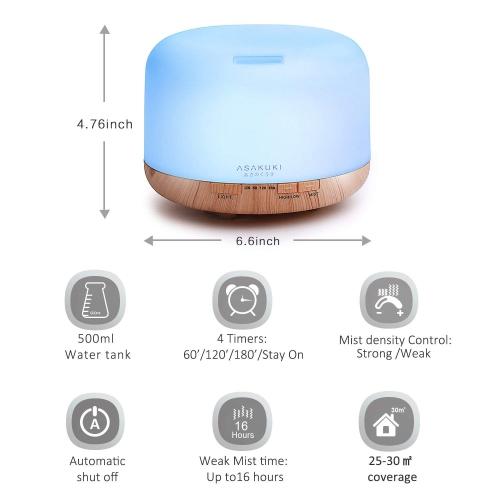 500ml Premium, Essential Oil Diffuser, 5 In 1 Fragrant Oil Humidifier, Timer and Auto-Off Switch, 7 LED Light Colors