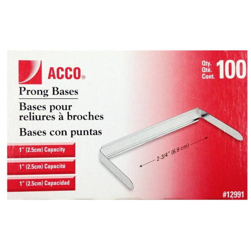 ACCO 1 Inch Capacity Prong Fastener Bases, 2.75 Inch Centers, 100 Bases per Box