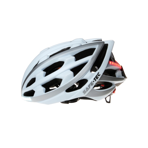 Large Safe-Tec Smart Helmet: Sensor Controlled Brake Light Function, Head Lights, Turn Signals - White/Silver