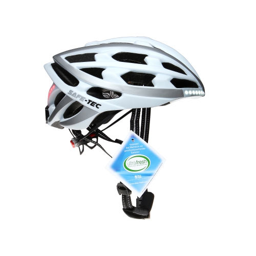 RBSM SPORTS Safe-tec Smart Helmet - Sensor Controlled Brake Light Function, Head Lights, Turn Signals - White/silver Medium