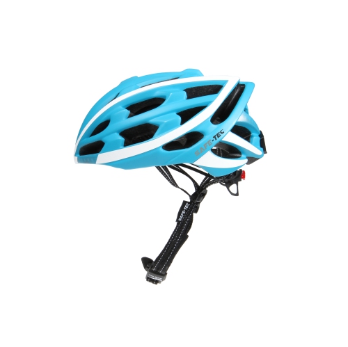 Blue and White Medium Safe-tec Smart Helmet - Sensor Controlled Brake Light Function, Head Lights, Turn Signals