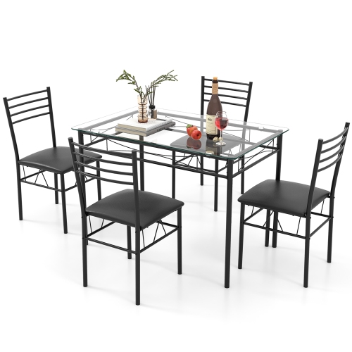 Gymax 5 PC Dining Set Glass Top Table and 4 Chairs Kitchen Room Furniture