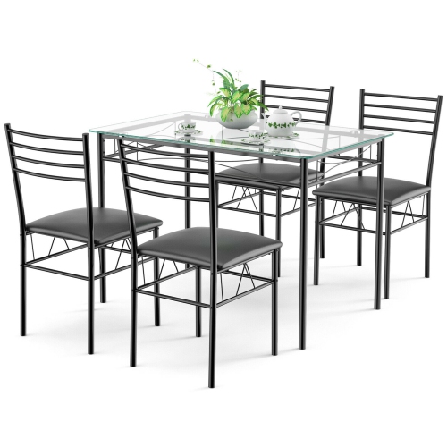 Gymax 5 Piece Dining Set Glass Top Table & 4 Upholstered Chairs Kitchen Room Furniture