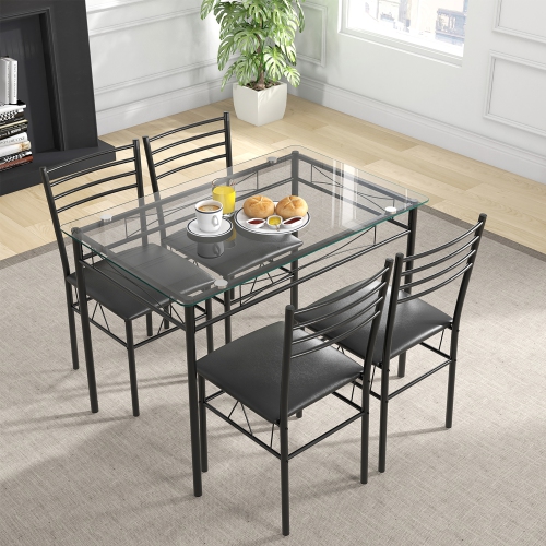 Gymax 5 Piece Dining Set Glass Top Table & 4 Upholstered Chairs Kitchen Room Furniture