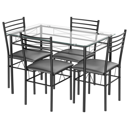 Gymax 5 Piece Dining Set Glass Top Table & 4 Upholstered Chairs Kitchen Room Furniture