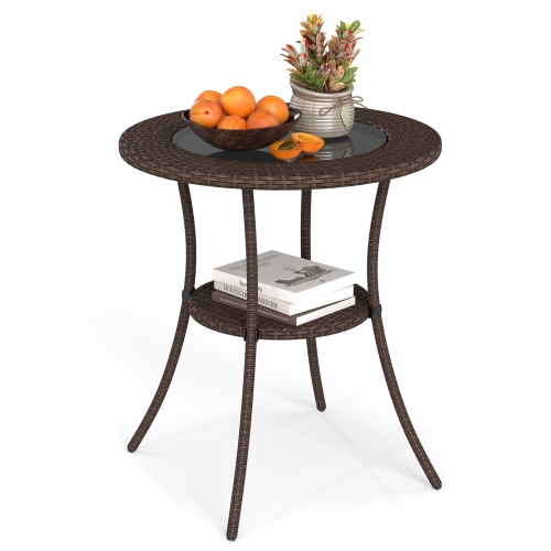 Gymax 25.5'' PE Wicker Patio Bistro Table Round Coffee Table w/ Tempered Glass Top Outdoor
