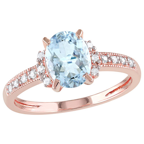 Amour Gemstones Basics Cocktail 0.07ctw Blue Oval Aquamarine Ring in Pink Sterling Silver - Size 8