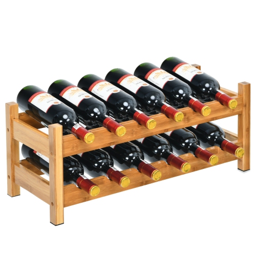 GYMAX  2-Tier Bamboo Wine Rack 12 Bottles Display Storage Shelf Holder Kitchen Natural