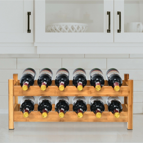Gymax 2-Tier Bamboo Wine Rack 12 Bottles Display Storage Shelf Holder Kitchen Natural