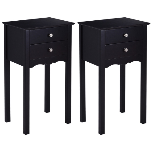 GYMAX  2 PCs Side Table End Accent Table Night Stand W/ 2 Drawers In Black