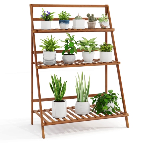 COSTWAY  3 Tier Folding Shelf Stand Bamboo Flower Pot Display Rack Bookcase Organizer