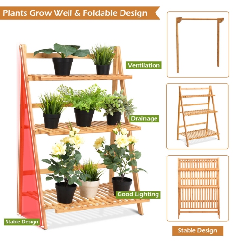 Costway 3 Tier Bamboo Hanging Folding Plant Shelf Stand Flower Pot Display Rack Bookcase