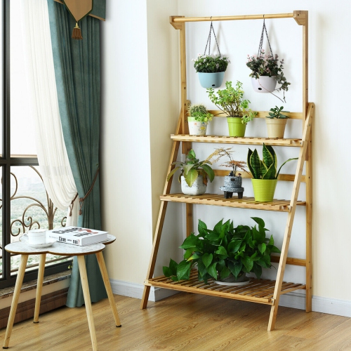 Costway 3 Tier Bamboo Hanging Folding Plant Shelf Stand Flower Pot Display Rack Bookcase