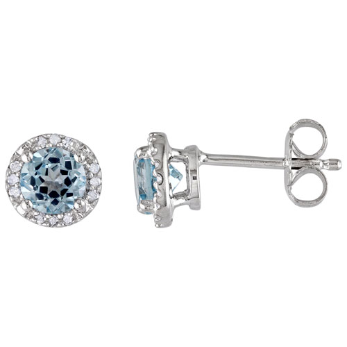 Amour Pretty Gemstones Blue Round Topaz & 0.072ctw White Diamond Stud Earrings in Sterling Silver