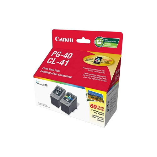 Genuine Canon PG-40/CL-41 Ink Cartridge Photo Value Pack, Black, Tri-Colour and 50 Sheets Photo Paper