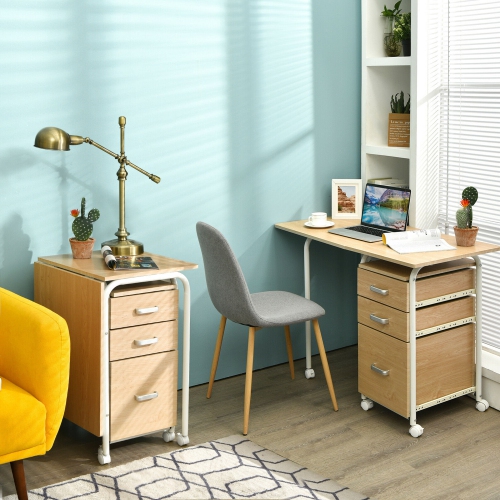 Gymax Folding Computer Laptop Desk Wheeled Home Office Furniture With 3 Drawers