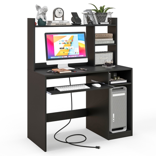 GYMAX  Computer Desk W/ Charging Station 43.5" Gaming Table Workstation W/ Keyboard Tray