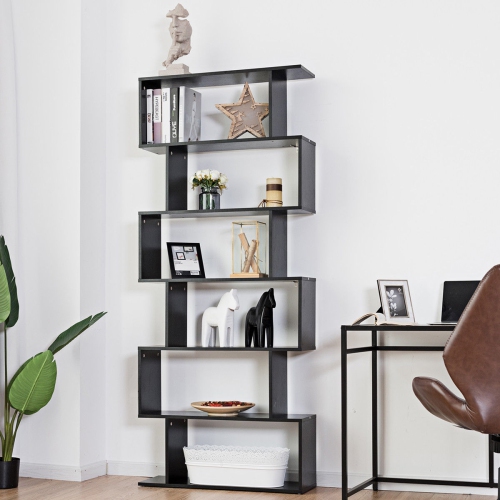 Gymax 6 Tier S-Shaped Bookcase Z-Shelf Style Storage Display Modern Bookshelf Black