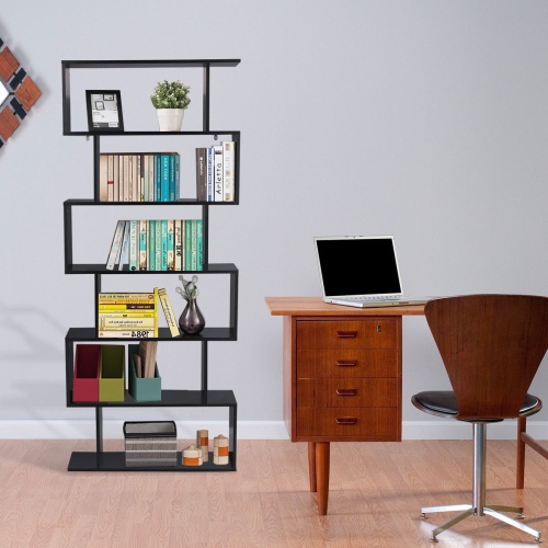 Gymax 6 Tier S-Shaped Bookcase Z-Shelf Style Storage Display Modern Bookshelf Black