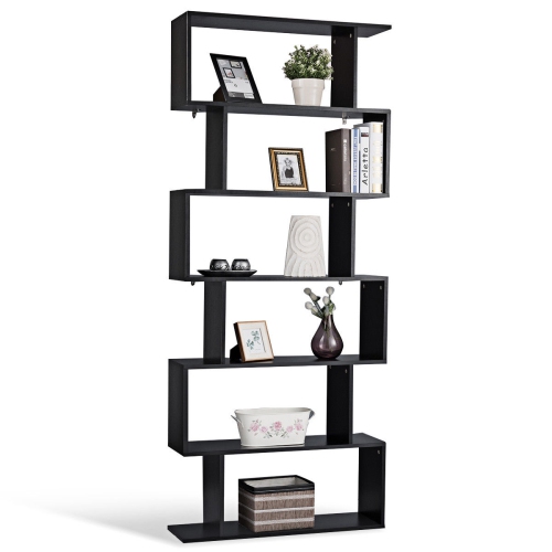 Gymax 6 Tier S-Shaped Bookcase Z-Shelf Style Storage Display Modern Bookshelf Black