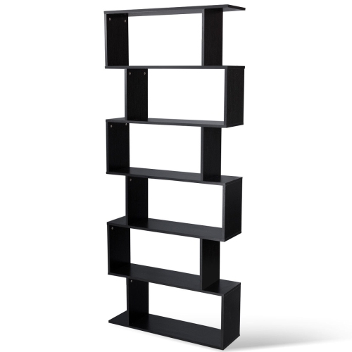 Gymax 6 Tier S-Shaped Bookcase Z-Shelf Style Storage Display Modern Bookshelf Black