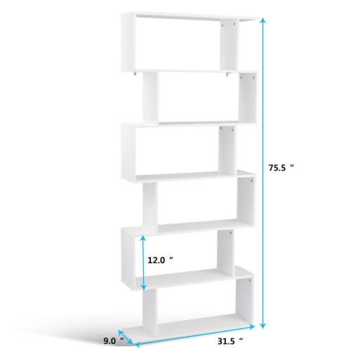 Gymax 6 Tier S-Shaped Bookcase Z-Shelf Style Storage Display Modern Bookshelf White