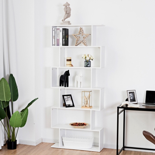Gymax 6 Tier S-Shaped Bookcase Z-Shelf Style Storage Display Modern Bookshelf White