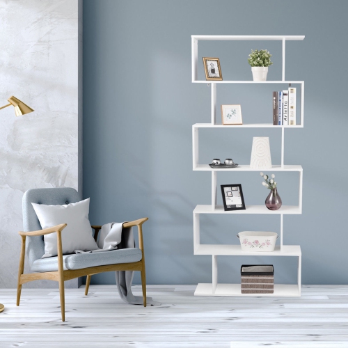 Gymax 6 Tier S-Shaped Bookcase Z-Shelf Style Storage Display Modern Bookshelf White