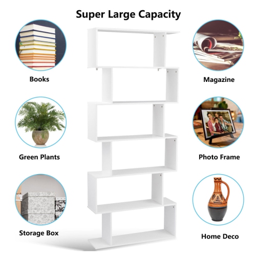 Gymax 6 Tier S-Shaped Bookcase Z-Shelf Style Storage Display Modern Bookshelf White