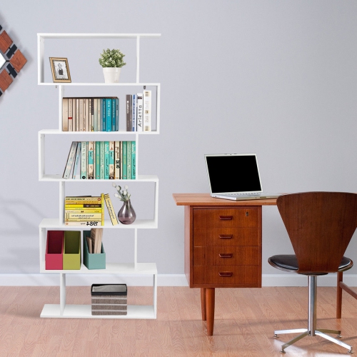 Gymax 6 Tier S-Shaped Bookcase Z-Shelf Style Storage Display Modern Bookshelf White