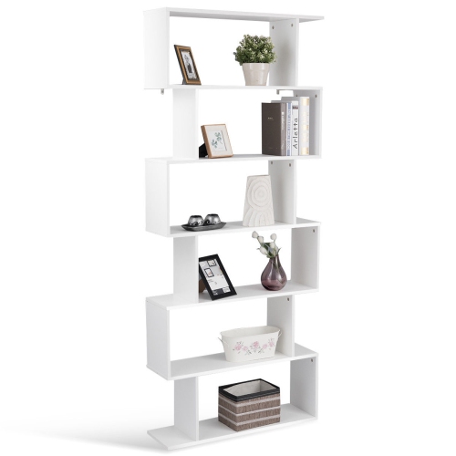 Gymax 6 Tier S-Shaped Bookcase Z-Shelf Style Storage Display Modern Bookshelf White