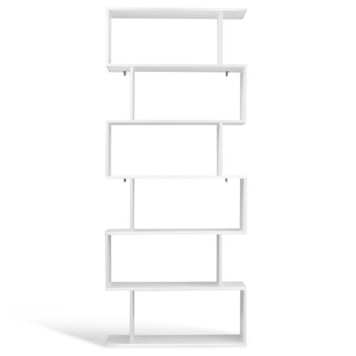 Gymax 6 Tier S-Shaped Bookcase Z-Shelf Style Storage Display Modern Bookshelf White