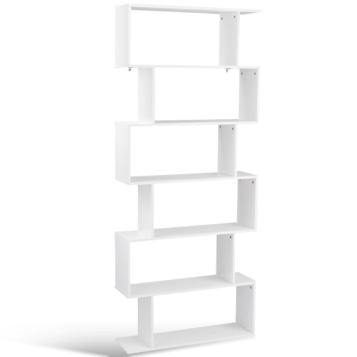 Gymax 6 Tier S-Shaped Bookcase Z-Shelf Style Storage Display Modern Bookshelf White