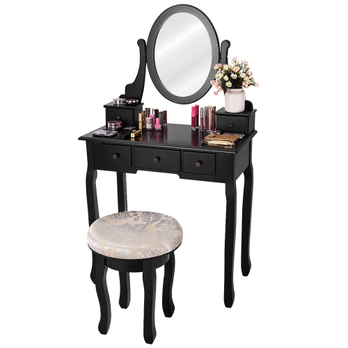 GYMAX  Makeup Table Vanity Table Set Cushioned Stool Mirror 5 Drawers In Black