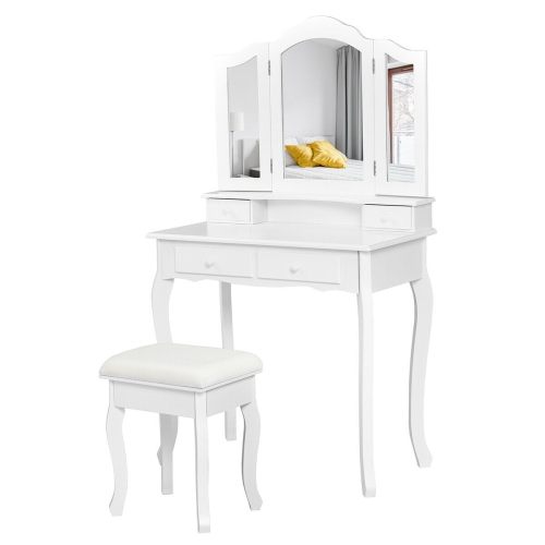 Gymax Bathroom Vanity Jewelry Makeup Dressing Table Set With Stool 4 Drawer Folding Mirror White