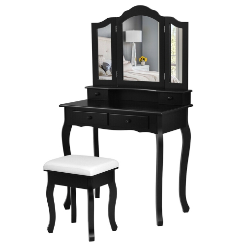 Gymax Bathroom Vanity Jewelry Makeup Dressing Table Set With Stool 4 Drawer Folding Mirror Black