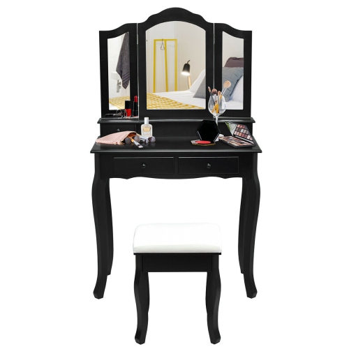 Gymax Bathroom Vanity Jewelry Makeup Dressing Table Set With Stool 4 Drawer Folding Mirror Black