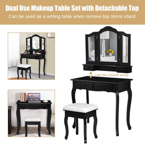 Gymax Bathroom Vanity Jewelry Makeup Dressing Table Set With Stool 4 Drawer Folding Mirror Black