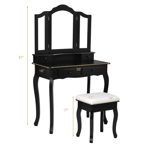 Gymax Bathroom Vanity Jewelry Makeup Dressing Table Set With Stool 4 Drawer Folding Mirror Black
