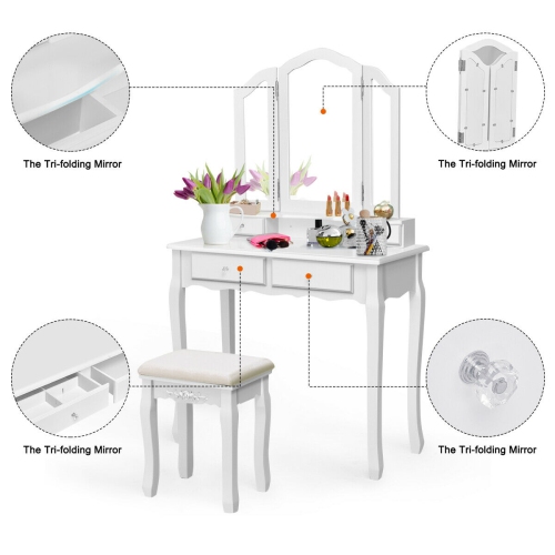 Gymax Bathroom Tri Folding Mirror Vanity Makeup Table Stool Set White
