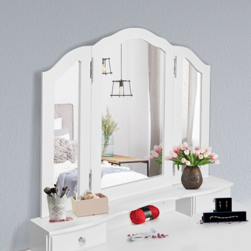 Gymax Bathroom Tri Folding Mirror Vanity Makeup Table Stool Set White