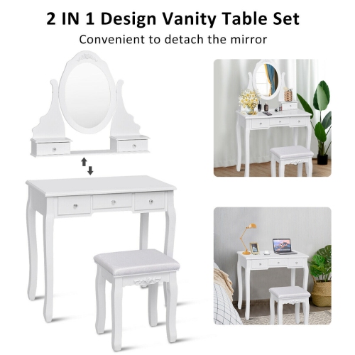 Gymax Bathroom Wooden Mirrored Makeup Vanity Set Stool Table Set White 5 Drawers