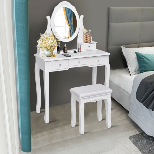 Gymax Bathroom Wooden Mirrored Makeup Vanity Set Stool Table Set White 5 Drawers