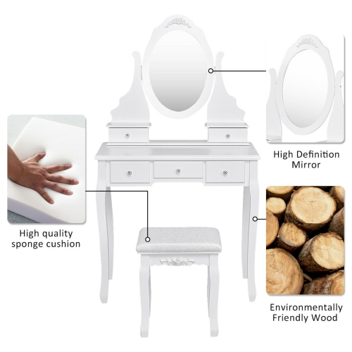Gymax Bathroom Wooden Mirrored Makeup Vanity Set Stool Table Set White 5 Drawers