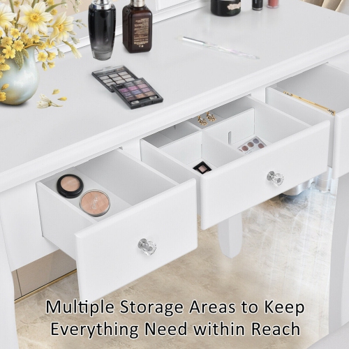 Gymax Bathroom Wooden Mirrored Makeup Vanity Set Stool Table Set White 5 Drawers