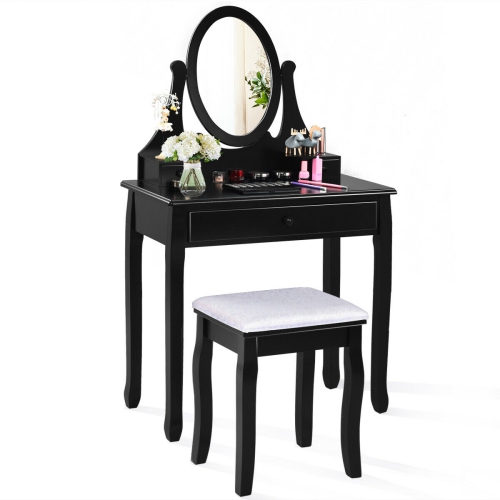 Gymax Bathroom Wooden Mirrored Makeup Vanity Set Stool Table Set Black
